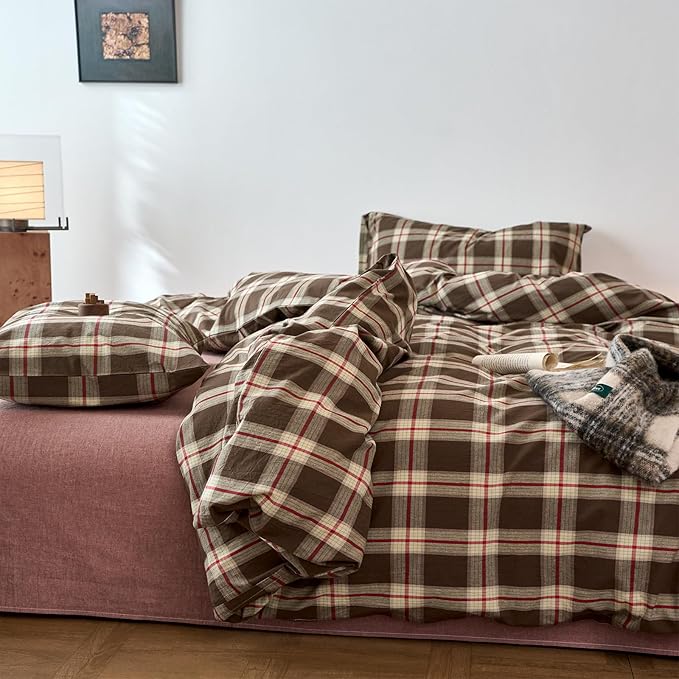 EAVD Vintage Brown Buffalo Plaid Comforter Set Queen Soft 100% Washed Cotton Brown&Red&Green Grid Checkered Bedding Set with 2 Pillowcases Retro Gingham Comforter Set for All-Season