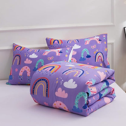 Btargot Lightweight Soft 3 Piece Rainbow Comforter Set with 2 Pillow Covers, Cartoon Love Hearts Flowers and Sun Star Bedding Set for Girls Boys Kids, Full Dark Purple
