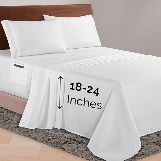 Elegant Comfort Luxurious 1500 Premium Hotel Quality Microfiber 4-Piece Sheet Set, 18-24 Inches Deep - Extra Deep Pocket Sheets - Ultra Soft 4PC Deep Pocket Sheets, Full, White