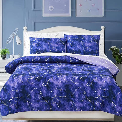 Full Size Comforter Set -7 Pieces Girls Boys Galaxy Glow in the Dark Full Bedding Sets for Kids, Ultra Soft Bed in A Bag with Sheets
