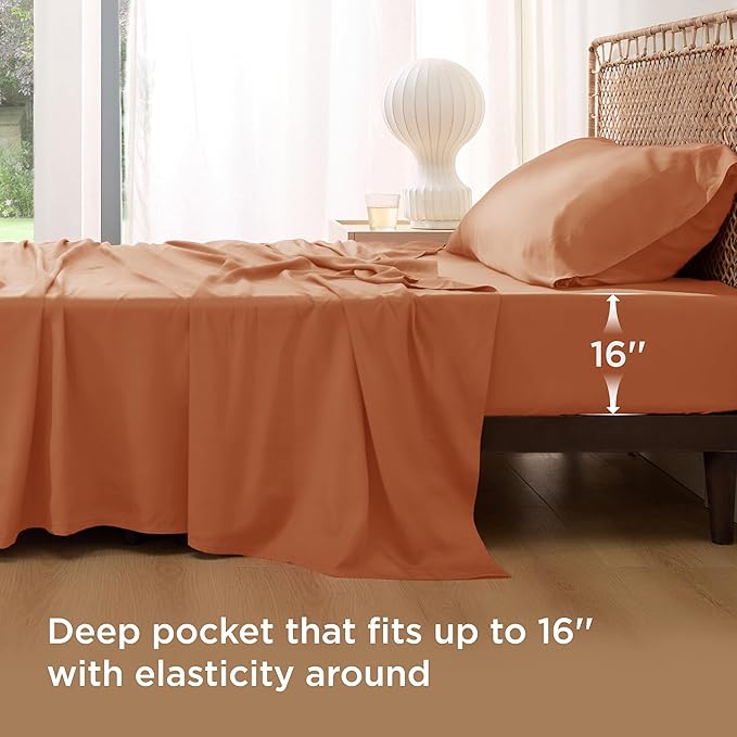 Bedsure Cooling Sheets Twin XL, Rayon Derived from Bamboo, PureWoven, Breathable & Soft Twin XL Sheet Sets, Deep Pocket Up to 16 Inches, Hotel Luxury Silky Dorm Bedding for Hot Sleepers, Burnt Orange