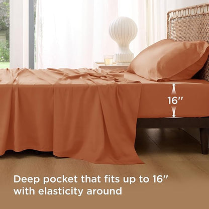Bedsure Cooling Sheets Twin XL, Rayon Derived from Bamboo, PureWoven, Breathable & Soft Twin XL Sheet Sets, Deep Pocket Up to 16 Inches, Hotel Luxury Silky Dorm Bedding for Hot Sleepers, Burnt Orange