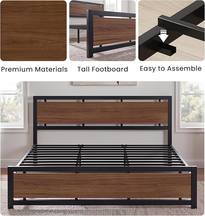 LIKIMIO King Bed Frame with Headboard and Footboard, Metal Strong Supports, Easy Assembly, Noise-Free, No Box Spring Needed, Dark Walnut
