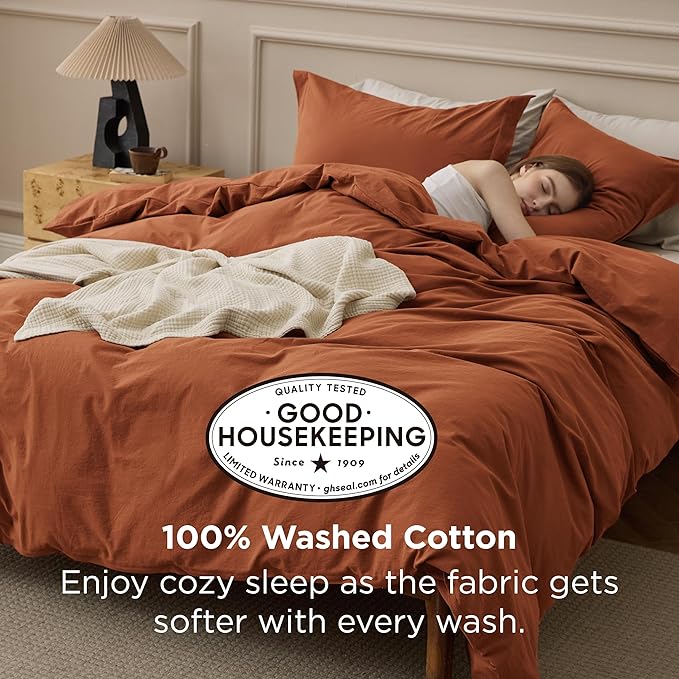 Bedsure 100% Washed Cotton Duvet Cover King Size - Burnt Orange Minimalist Bedding Set Linen Like - PureWoven Plain Simple & Soft Comforter Cover for All Seasons (Burnt Orange, King, 104"x90")