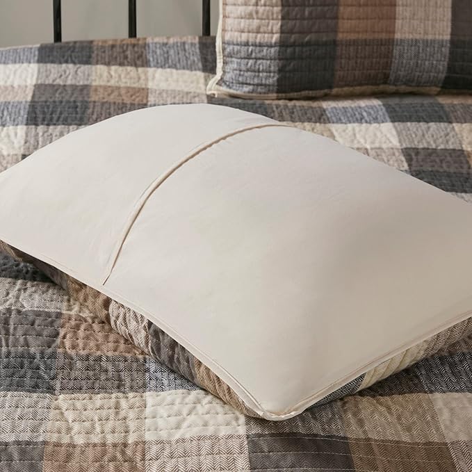 Madison Park Reversible Quilt Cabin Lifestyle Plaid Design - All Season, Breathable Coverlet Bedspread Bedding Set, Matching Shams, King/Cal King(104"x92"), Neutral 6 Piece