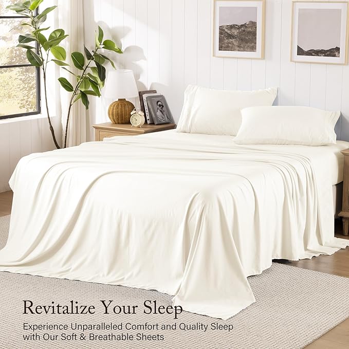ROSE&RISY Beige Sheets Queen Sheet Set, Pre-Washed Cotton-Like Brushed Microfiber, 4 Pcs Super Soft Breathable Cooling Bed Sets,Includes 1 Fitted, 1 Flat, 2 Pillowcases (Beige, Queen)