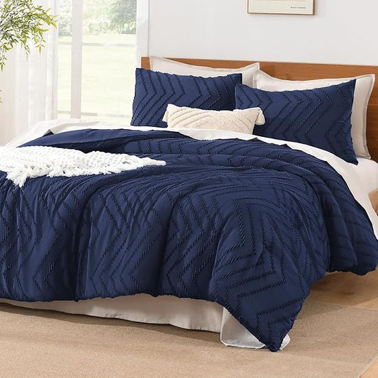 Litanika Comforter Oversized King Size Set Navy Blue, 3 Pieces Chevron Tufted Solid Bedding Comforter Sets, Fluffy Bed Set