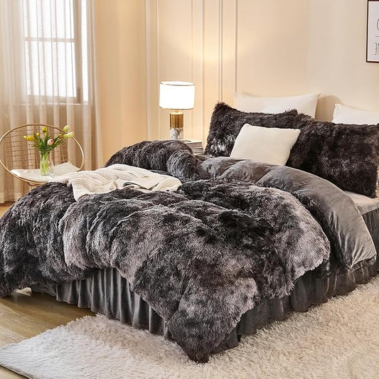 Andency Faux Fur Tie-Dyed Dark Grey Comforter Set Full Size, 3 Pieces Fluffy Fuzzy Plush Bedding Comforter Set (1 Shaggy Velvet Comforter & 2 Pillowcases), Soft Puffy Down Comforter Bedding Set