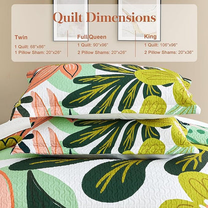 3 Piece Boho Floral Californial King Size Quilt Sets Farmhouse Reversible Lightweight Bedspread Coverlet with 2 Shams Botanical Microfiber Bedding Quilts Set for All Season, 118''x106''