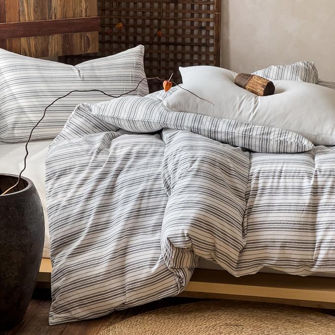 EAVD Retro Grey White Striped Duvet Cover Twin Soft 100% Washed Cotton Reversible Striped Bedding Set with 2 Pillowcases Farmhouse Geometric Pattern Duvet Cover with Zipper Closure