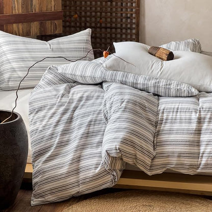 EAVD Retro Grey White Striped Duvet Cover Twin Soft 100% Washed Cotton Reversible Striped Bedding Set with 2 Pillowcases Farmhouse Geometric Pattern Duvet Cover with Zipper Closure