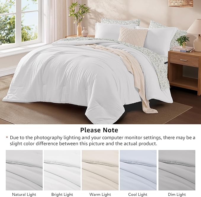 Monbix Full Size Comforter Set - 7 Pieces White Prewashed Bed in a Bag Full Bedding Sets with Comforters, All Seasons Ultra Soft Comforter Bed Set with Sheets, Pillowcases & Shams