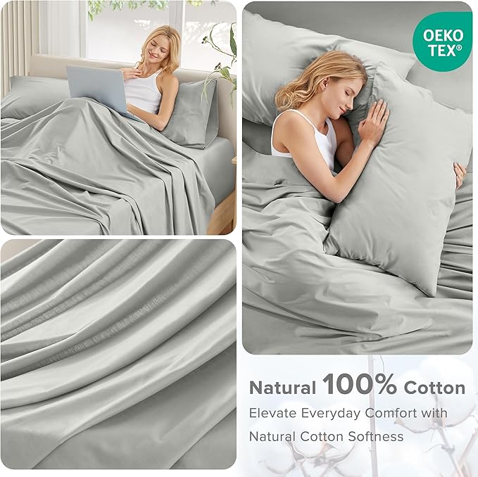 Comfort Spaces Extra Deep Pocket, 100% Cotton King Fits up to 24" Mattress, Breathable, Naturally Cool Cotton, Soft Cotton Sheets, All Seasons Sheet Set, Grey 4 Piece