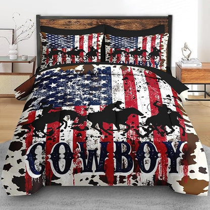 Comforter Set King Size, Cowboy Horse Flag 7 Pcs Bedding for Kids and Adults, Western Country Farm Bed Sheet Sets with Fitted Sheet 2 Pillowcases & 2 Shams for Bedroom Bed Decor