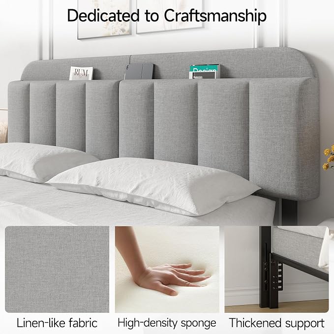 King Size Adjustable Headboard, Upholstered Headboard with Storage, APP Controlled LED Light, Padded Head Board Only, Sturdy Metal Foot Frame, Vertical Channel Design for Bedroom, Grey