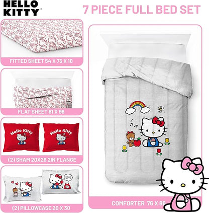 Jay Franco Sanrio Hello Kitty Full Size Comforter Set - 7 Piece Red & Grey Bedding Includes Sheet Set & Pillow Covers - Super Soft Cozy Kawaii Bedding