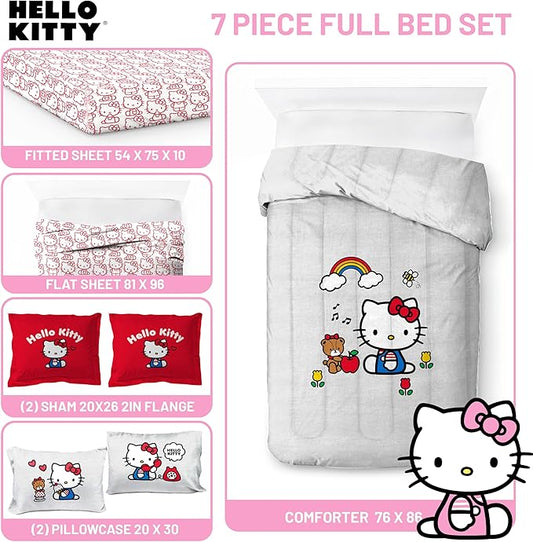 Jay Franco Sanrio Hello Kitty Full Size Comforter Set - 7 Piece Red & Grey Bedding Includes Sheet Set & Pillow Covers - Super Soft Cozy Kawaii Bedding