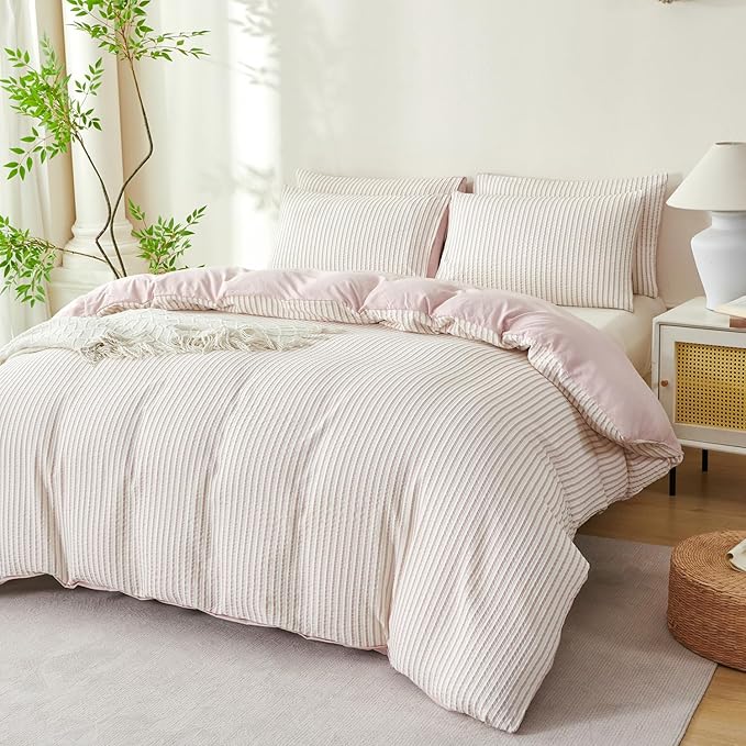 Dusty Pink Comforter Set Queen Size Soft Luxury Washed Microfiber Jacquard 3 Pieces Bedding Set, White Dusty Pink Vertical Ticking Stripes Comforter with 2 Pillowcases Breathable Durable Comfy