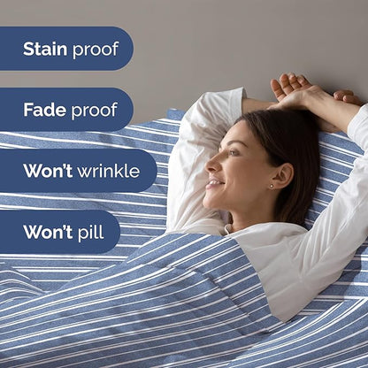 Duvet Cover King Size Set - Extra Soft King Duvet Cover 104" x 90" with 2 Pillow Shams - Hotel Luxury, Easy Care & Fade Free with Zipper Closures & Ties - All Season, Comfy & Breathable (Blue Stripes)