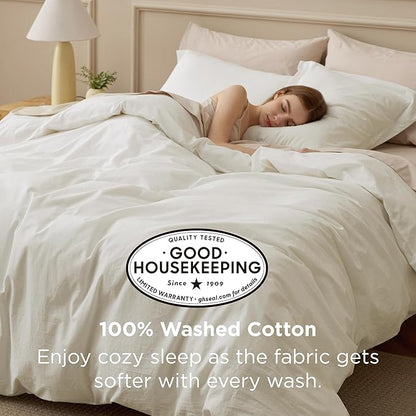 Bedsure 100% Washed Cotton Duvet Cover Full Size - Ivory Minimalist Bedding Set Linen Like - PureWoven Plain Simple & Soft Comforter Cover for All Seasons, 3 Pieces (Ivory, Full, 80"x90")