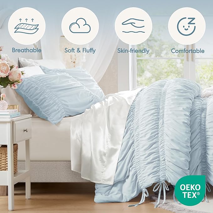 Intelligent Design Ruched Shabby Chic Comforters for Queen Size Bed, All Season Lightweight Comforter Queen, French Country Bedding Set, Sham, Ella, Full/Queen, Blue, 3 Piece
