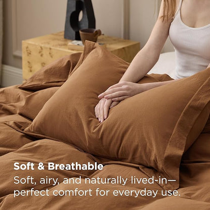 Bedsure 100% Washed Cotton Duvet Cover King Size - Hazelnut Brown Minimalist Bedding Set Linen Like - PureWoven Plain Simple & Soft Comforter Cover for All Seasons (Hazelnut Brown, King, 104"x90")