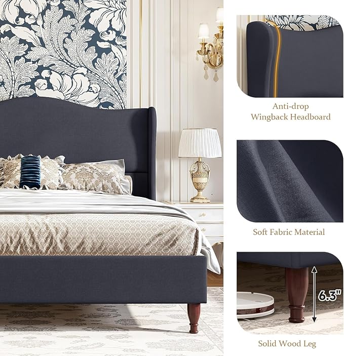 koorlian Queen Upholstered Bed Frame with 51'' Tall Headboard, Dark Navy | Reinforced Platform Bed, Easy Assembly, Soft Fabric, Sleigh Wingback, Solid Wood Retro Legs, Noise-Free, Classic & Simple