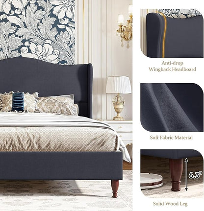koorlian Queen Upholstered Bed Frame with 51'' Tall Headboard, Dark Navy | Reinforced Platform Bed, Easy Assembly, Soft Fabric, Sleigh Wingback, Solid Wood Retro Legs, Noise-Free, Classic & Simple