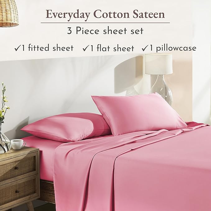 California Design Den XL Twin Sheets Set - Natural 100% Cotton Sheets, Soft Sateen, Fully Elasticized 12" Pockets, Breathable and Durable Bedding for Dorm Room - Doll Pink