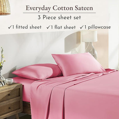 California Design Den XL Twin Sheets Set - Natural 100% Cotton Sheets, Soft Sateen, Fully Elasticized 12" Pockets, Breathable and Durable Bedding for Dorm Room - Doll Pink
