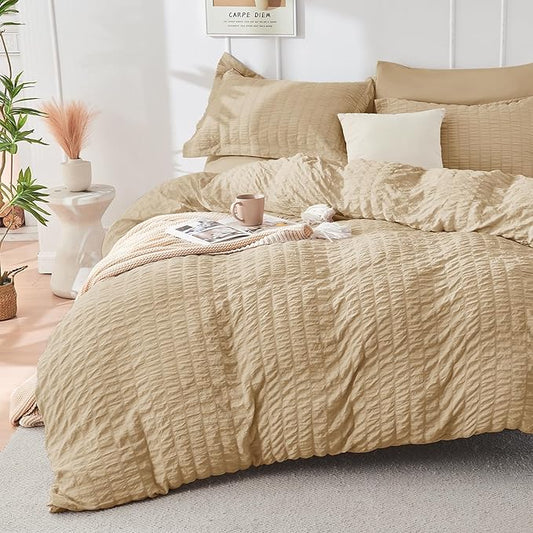 HYMOKEGE Khaki Duvet Cover Full Size, Ultra Soft 3-Piece Seersucker Duvet Cover Set with Zipper Closure, Soft Brushed Microfiber Bedding Set with 8 Corner Ties (80"x90", 2 Pillowshams)