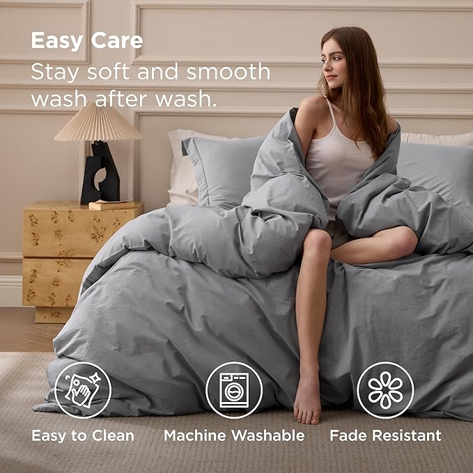 Bedsure 100% Washed Cotton Duvet Cover Queen Size - Grey Minimalist Bedding Set Linen Like - PureWoven Plain Simple & Soft Comforter Cover for All Seasons, 3 Pieces (Grey, Queen, 90"x90")