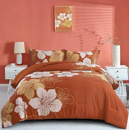 Menghomeus Terracotta Comforter Set California King Burnt Orange Floral Comforter Botanical Bedding Sets Cal King Soft Microfiber Thanksgiving Bed Set for All Season