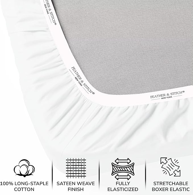 Feather & Stitch 500 TC King Size Damask Bed Sheet Set, 100% Cotton Soft Breathable Bedsheets, 4 Piece 18" Deep Pockets Sateen Weave Striped Bedding Mattress Resort Hotel Luxury- (Solid White)