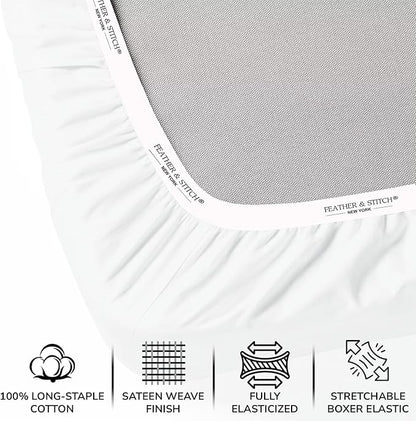 Feather & Stitch 500 TC King Size Damask Bed Sheet Set, 100% Cotton Soft Breathable Bedsheets, 4 Piece 18" Deep Pockets Sateen Weave Striped Bedding Mattress Resort Hotel Luxury- (Solid White)