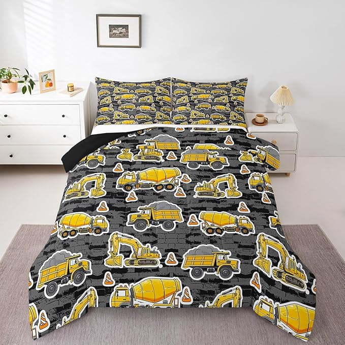 Erosebridal Excavator Comforter Set King Concrete Truck Pattern Bedding Set Child Teens Construction Down Comforter for Kids Boys Cartoon Toy Cars Quilt Set Bedroom Decor, Grey