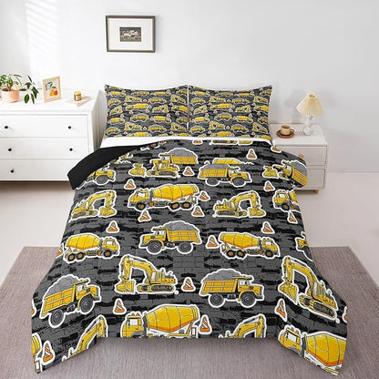 Erosebridal Excavator Comforter Set Queen Concrete Truck Pattern Bedding Set Child Teens Construction Down Comforter for Kids Boys Cartoon Toy Cars Quilt Set Bedroom Decor, Grey
