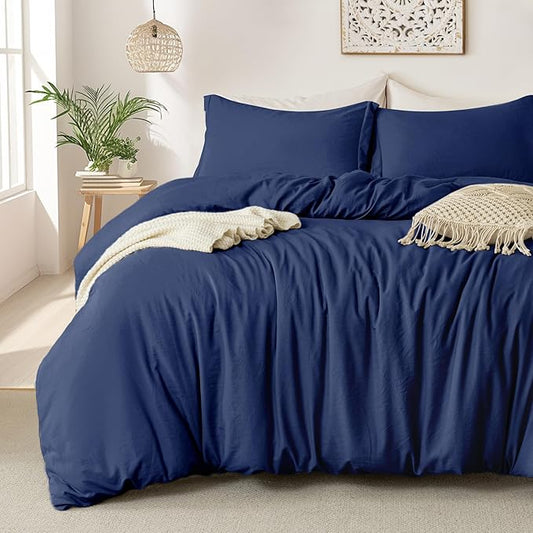 MILDLY Super Soft Duvet Cover 2pcs - 100% Washed Microfiber Navy Blue Comforter Cover Set with Zipper Closure & Corner Ties (No Comforter)