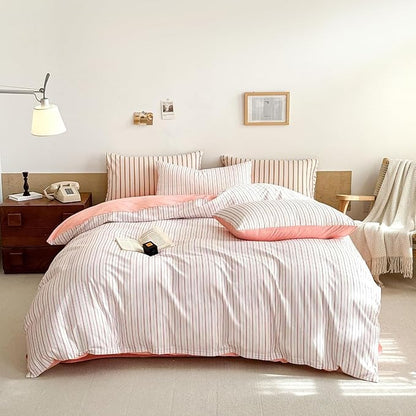 EAVD Pink White Striped Duvet Cover Queen Soft 100% Cotton Pink Vertical Ticking Stripes Bedding Set with 2 Pillowcases Modern Geometric Pattern Duvt Cover with Zipper Closure