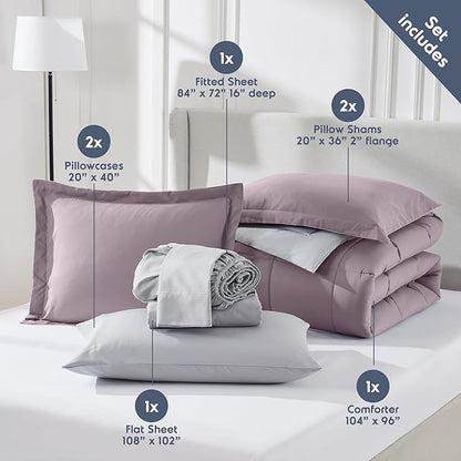 Nestl 7 Piece California King Comforter Set – Dusty Purple Reversible Bed in a Bag – Complete Cal King Size Bedding Set with Sheets, Pillowcases and Shams