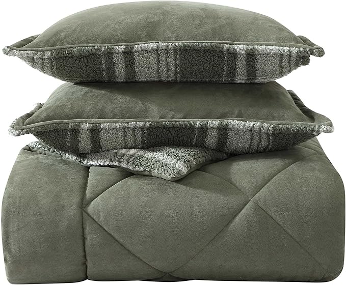 Eddie Bauer - Twin Comforter Set, Microsuede Bedding with Soft Plush Faux Shearling Reverse, 2 Piece Bed Set with Matching Pillowcase (Big Lake Plaid Green)