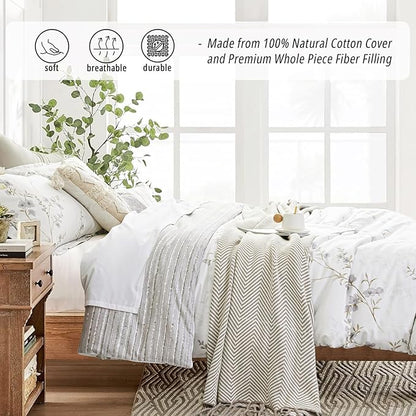 Vintage Botanical White Cotton Comforter King Size - Elegant Gray Flowers and Taupe Branches on White, Light Gray Striped Back, 3PC Lightweight Bedding Set with Ultra-Soft Alternative Fill