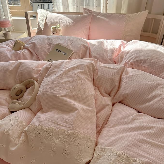 HighBuy Queen Comforter Set Pink Grid Gingham Comforter Set,Vintage Style Plaid Checkered Pattern Comforter Set with Lace Ruffle for Women Girls,Farmhouse Grid Fluffy Plaid Bedding Comforter