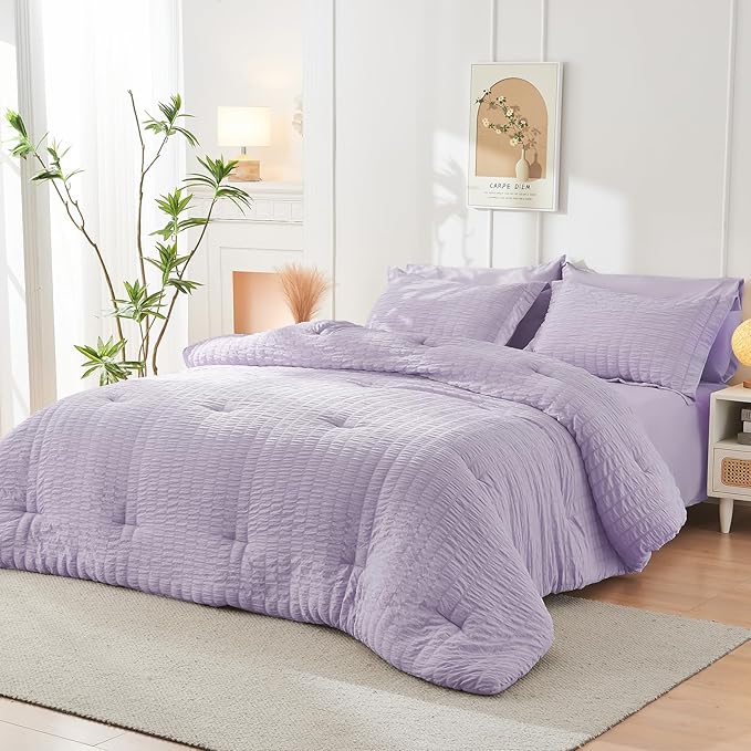 HYMOKEGE Lavender Duvet Cover Full Size, Ultra Soft 3-Piece Seersucker Duvet Cover Set with Zipper Closure, Soft Brushed Microfiber Bedding Set with 8 Corner Ties (80"x90", 2 Pillowshams)