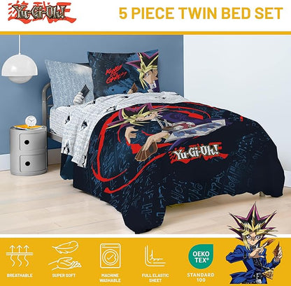 Jay Franco Yu-Gi-Oh! Twin Size Comforter Set - 5 Piece Bedding Includes Sheet Set & Pillow Covers - Super Soft Cozy Bedding
