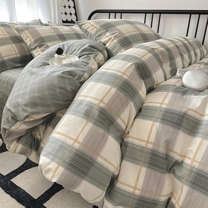 Green Plaid Duvet Cover King Soft Cotton Grid Plaid Bedding Set Geometric Checkered Gingham Comforter Cover for Men Boys Modern Style Plaid Comforter Cover 1 King Duvet Cover with 2 Pillowcases