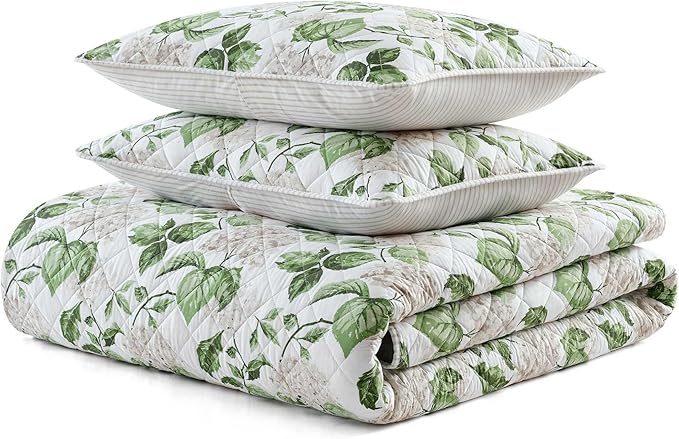 Martha Stewart - King Quilt Set, 100% Soft Cotton Floral Bedding for Year Round Comfort, 3 Piece Bed Set with Matching Pillowcases (Hydrangea Floral Beige)
