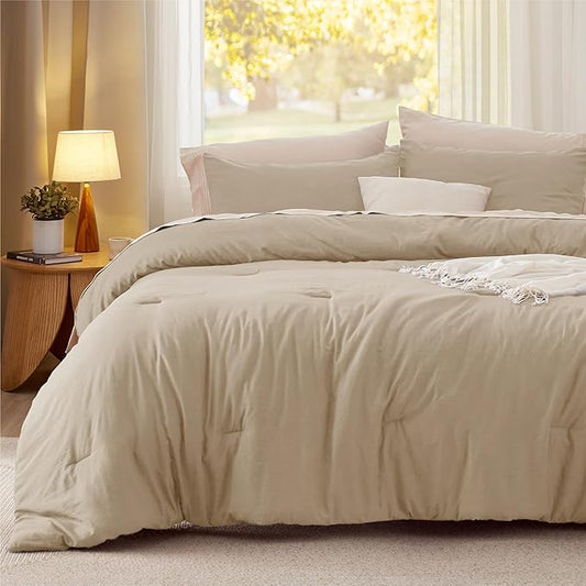 Bedsure Queen Comforter Set, Khaki Soft Prewashed Bedding for All Seasons, 3 Pieces GentleSoft™ Bed Set, 1 Lightweight Comforter (90"x90") and 2 Pillowcases (20"x26")