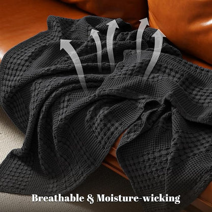 PHF 100% Cotton Waffle Weave Blanket King Size for Bed, Soft Lightweight & Breathable for Spring and Summer, All-Season Comfort, Luxury Aesthetic Blanket for Home Decor, 108"x90", Black