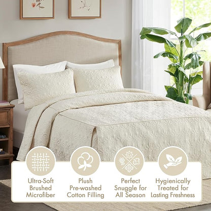 Madison Park Quebec Split Corner Quilted Bedspread Classic Traditional Design All Season, Lightweight, Bedding Set, Matching Shams, King, Damask Quilted Cream 3 Piece